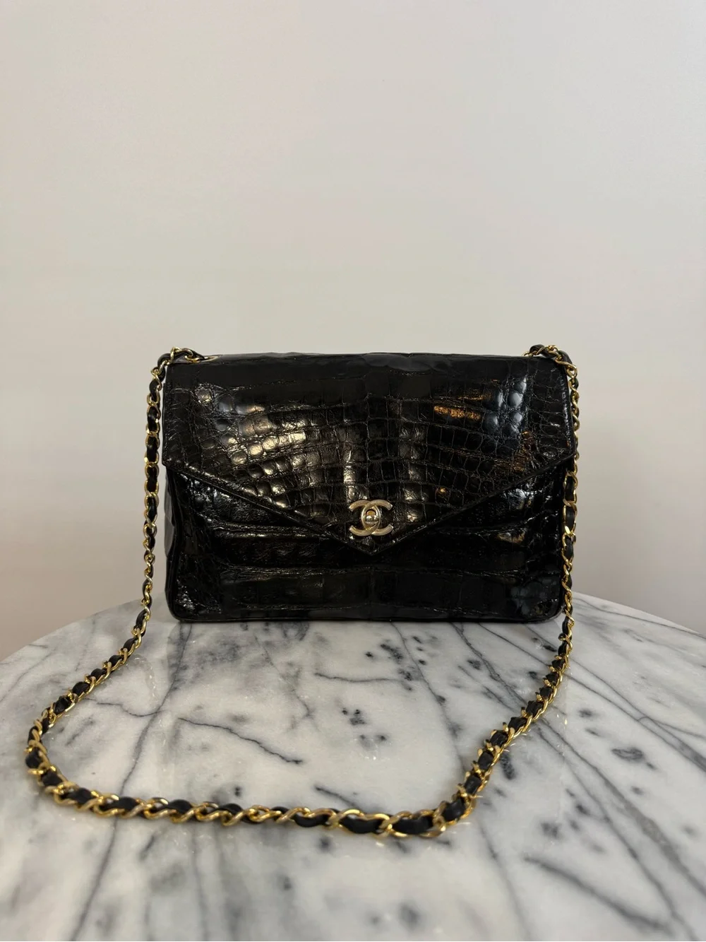 Vintage Chanel Black Crocodile Large Flap Shoulder w/ Gold HDW 1986-88, 0 Series